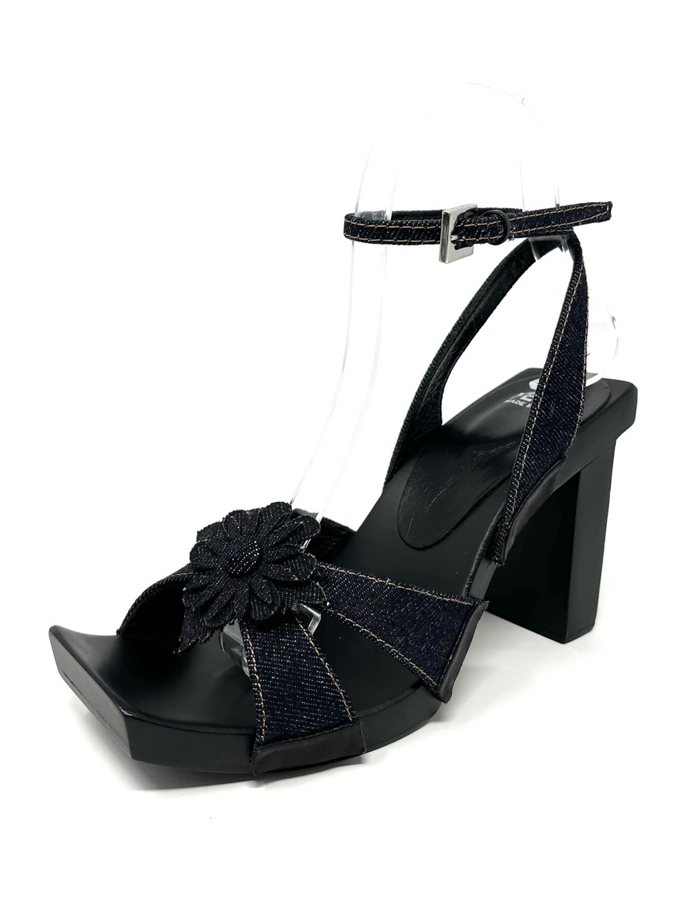 Vintage Fendi 90s Y2K‎ Dark Blue Denim Black Flower Platform Sandals Heels 37 7